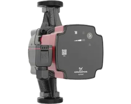 Grundfos ALPHA1 Heizungsumwälzpumpe aus schwarzem Gusseisen mit rotem Gehäuse und digitaler Anzeige.