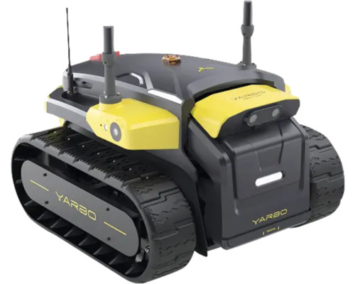 Yarbo Gartenroboter-Basiseinheit mit Gummiketten, Antennen und integrierten Sensoren für die automatisierte Gartenpflege.