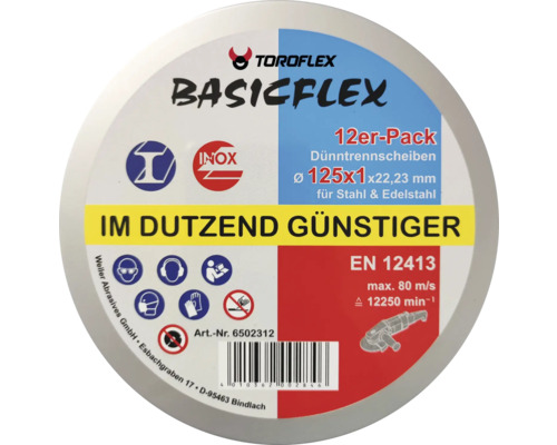 Trennscheibe Toroflex "Basic Flex" Ø 125x22,23 mm, 12 Stück Toroflex Basicflex Trennscheiben im 12er-Pack, Durchmesser 125 Millimeter