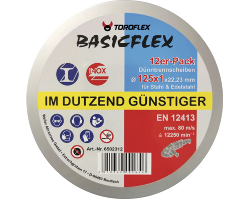 Toroflex Basicflex Trennscheiben im 12er-Pack, Durchmesser 125x1x22,23 Millimeter, geeignet für Stahl und Edelstahl