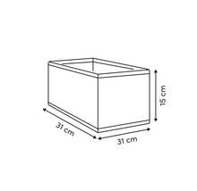 Abbildung eines Pflanzgefäßes mit Maßangaben: 31 cm Länge, 31 cm Breite und 15 cm Höhe.