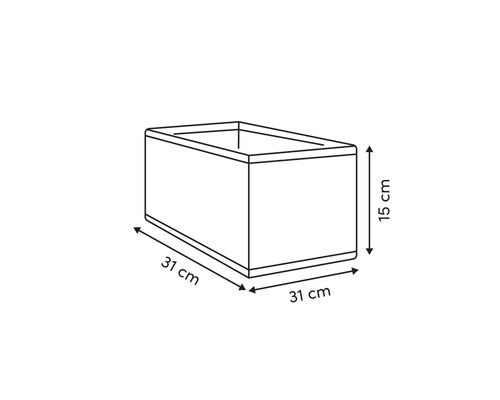Abbildung eines Pflanzgefäßes mit Maßangaben: 31 cm Länge, 31 cm Breite und 15 cm Höhe.