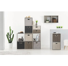 Regal mit mehreren Fächern und unterschiedlichen Aufbewahrungsboxen in einem hellen Raum.