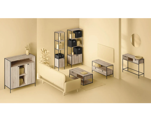 Wohnzimmer mit Sofa, Couchtisch, Sideboard, Konsole und Regalen im modernen Design