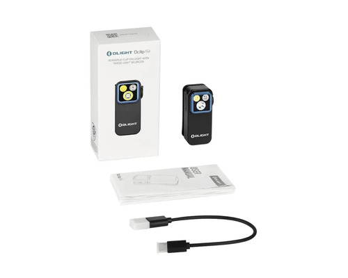 Olight Oclip Pro Lampe mit Clip, Verpackung, Bedienungsanleitung und USB-Kabel