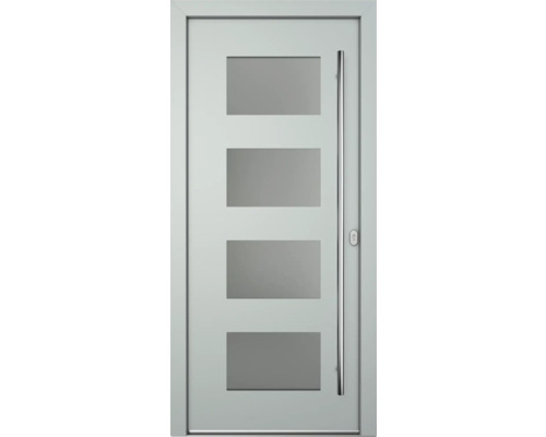 Haustür mit vier Glaseinsätzen und Edelstahlgriff