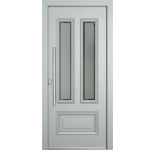 Graue Haustür mit Glaseinsätzen und Griff