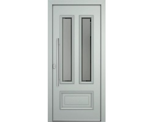 Graue Haustür mit Glaseinsätzen und Griff