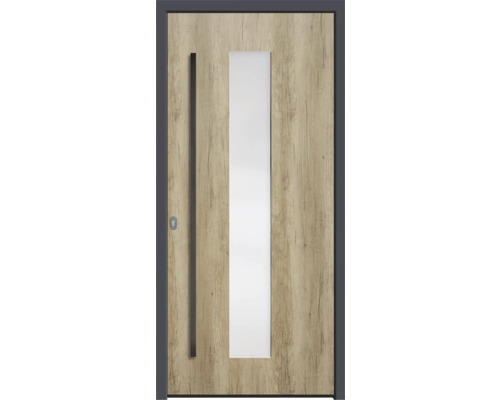 Haustür mit Holzdekor und Glaseinsatz