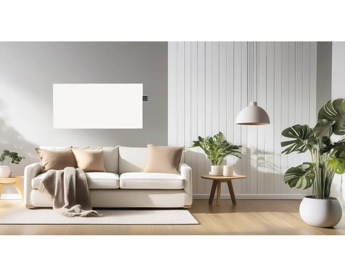Infrarot-Heizpaneel Ecotech 60x60 cm 770 Watt inkl WiFi Modernes Wohnzimmer mit Heizpaneel, Sofa, Beistelltisch und Zimmerpflanzen für eine helle und freundliche Atmosphäre.