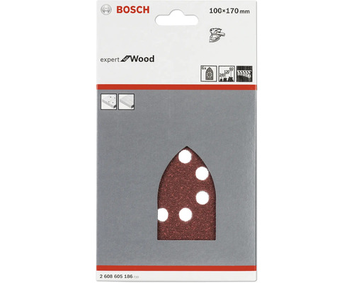 Bosch Logo. Sechs Schleifblätter für Holz, circa 100x170 Millimeter.