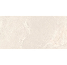 Beigefarbene Fliese in Steinoptik mit marmorierter Maserung und strukturierter Oberfläche.