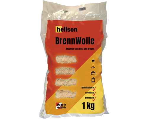 hellson BrennWolle, 1 Kilogramm Beutel mit Holzwolleanzündern aus Holz und Wachs, hergestellt in Österreich.