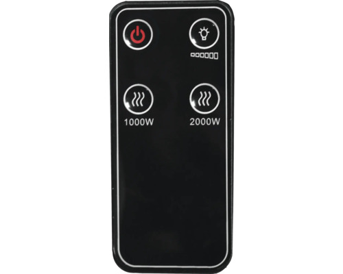 Fernbedienung für Heizgeräte mit verschiedenen Funktionen wie Ein- und Ausschalten, Wärmestufen und Lichtsteuerung.