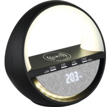 Schwarze Tischleuchte mit kabelloser Ladestation und digitaler Uhrzeitanzeige