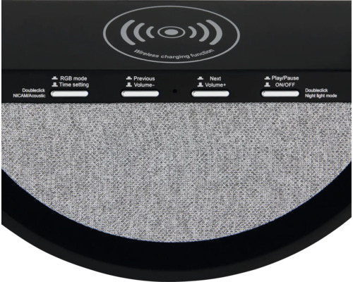 Detailansicht einer Multifunktionsleuchte mit kabelloser Ladefunktion, Bedienelementen und Lautsprecher