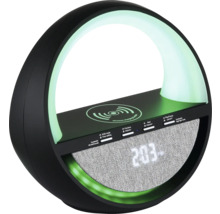 Schwarz-grüne Nachttischlampe mit Lautsprecher, Uhr und kabelloser Ladefunktion