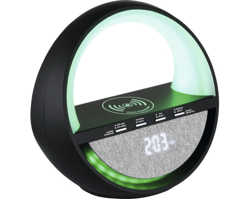 Schwarz-grüne Nachttischlampe mit Lautsprecher, Uhr und kabelloser Ladefunktion