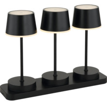 Drei schwarze Tischleuchten auf einer rechteckigen Basis