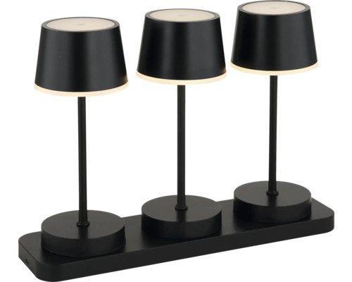 LED Tischleuchte Globo DAWSON 1 W, 3er-Set, schwarz Drei schwarze Tischleuchten auf einer rechteckigen Basis