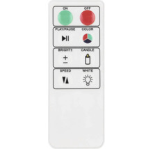 Fernbedienung mit Tasten für Ein, Aus, Wiedergabe/Pause, Farbe, Helligkeit, Kerze, Geschwindigkeit und Weiß