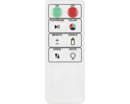 Fernbedienung mit Tasten für Ein, Aus, Wiedergabe/Pause, Farbe, Helligkeit, Kerze, Geschwindigkeit und Weiß