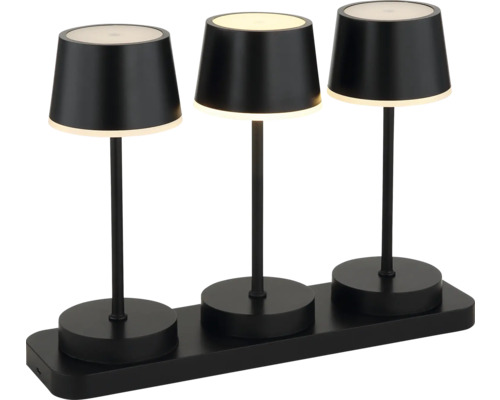 Drei schwarze LED-Tischleuchten auf einer rechteckigen Basis