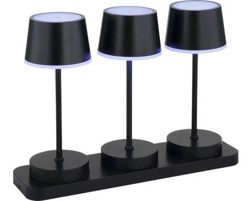 Drei schwarze Tischleuchten auf einer schwarzen Basis