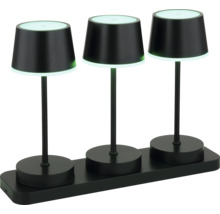 Drei schwarze Tischleuchten auf einer Ladestation für den Innenbereich