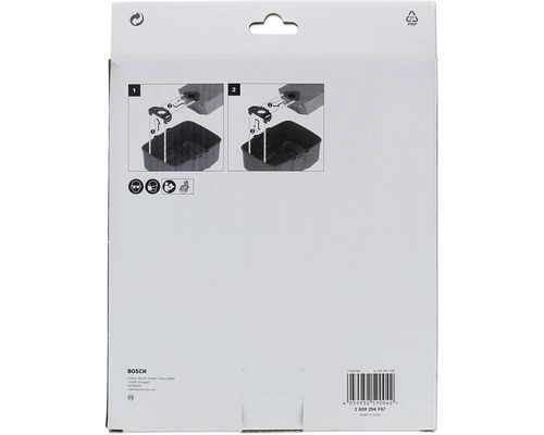 Verpackung eines Bosch Staubsaugerzubehörs mit Montageanleitung