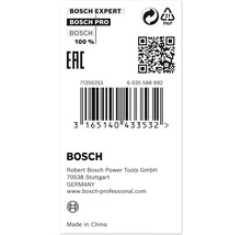 Bosch Experte, Bosch Pro, Bosch 100 Prozent, Europäische Konformitätsbescheinigung, Papier-Recycling-Symbol, Barcode, QR-Code, Bosch Firmeninformationen, Hergestellt in China