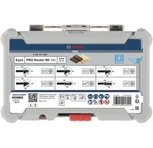Bosch PRO Oberfräser-Set 6-teilig mit 8 Millimeter Schaft in Aufbewahrungsbox mit technischen Angaben und Sicherheitssymbolen.