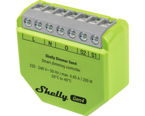 Shelly Dimmer Gen4 Smart Dimming Controller zur Lichtsteuerung in der Hausautomation mit Schraubklemmen.
