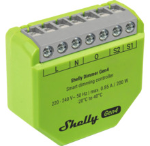 Shelly Dimmer Gen4, grüner smarter Dimm-Controller aus Kunststoff, 220 bis 240 Volt, 200 Watt, Anschlüsse L, N, O, S2, S1.