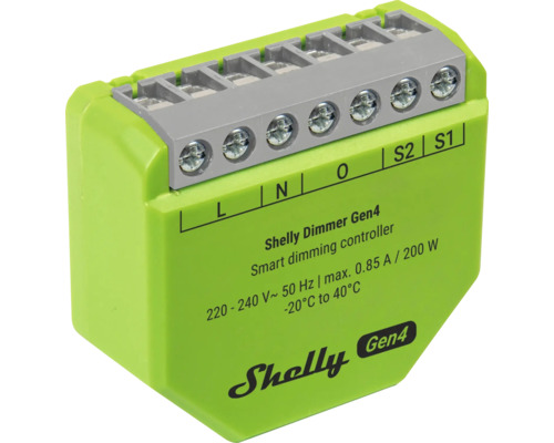 Shelly Dimmer Gen4, grüner smarter Dimm-Controller aus Kunststoff, 220 bis 240 Volt, 200 Watt, Anschlüsse L, N, O, S2, S1.