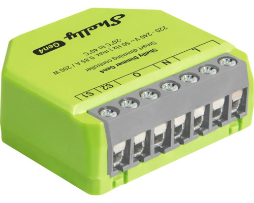 Grüner Shelly Dimmer Gen4 smarter Dimmcontroller für die Hausautomation, geeignet für 220 bis 240 Volt mit grauen Anschlussklemmen.