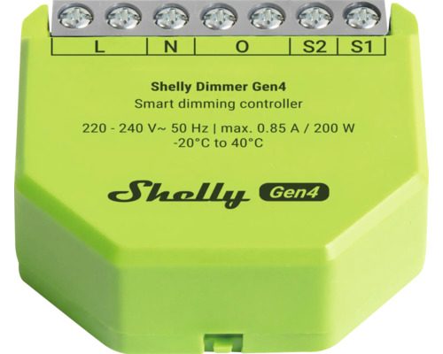 Shelly Dimmer Gen4 smarter Dimmcontroller mit maximal 200 Watt Leistung und Schraubklemmen.