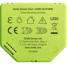Shelly Dimmer Gen4 Smarter Dimm-Controller mit Modellnummer S4DM-0A101WWL und technischen Zertifizierungssymbolen.