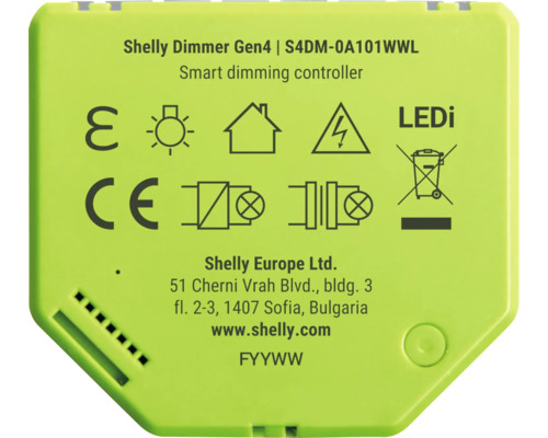 Shelly Dimmer Gen4 Smarter Dimm-Controller mit Modellnummer S4DM-0A101WWL und technischen Zertifizierungssymbolen.
