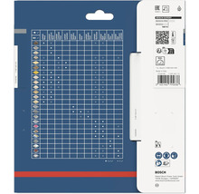 Rückseite der Bosch Expert Verpackung mit Tabelle zur Materialkompatibilität, maximal 11900 Umdrehungen pro Minute, Sicherheitssymbolen und Bosch Logo.