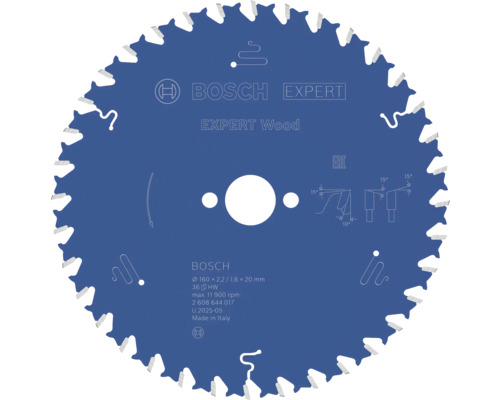 Bosch Kreissägeblatt Expert Wood, Durchmesser 160 Millimeter, Bohrung 20 Millimeter, 36 Zähne, für Holz.