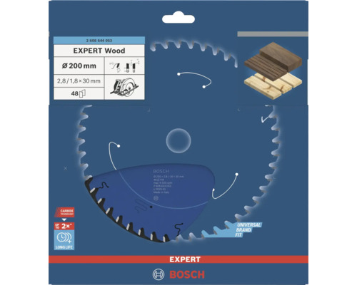 Bosch Kreissägeblatt Expert Wood mit 200 Millimetern Durchmesser, 48 Zähnen und Carbide Technologie für eine lange Lebensdauer bei Holzarbeiten.