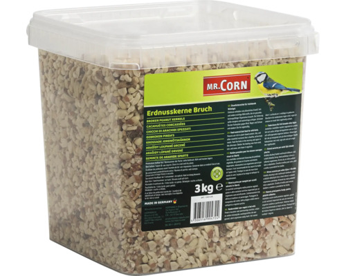 Mr. Corn Erdnusskerne Bruch in durchsichtiger Verpackung mit Produktinformationen und Logo.
