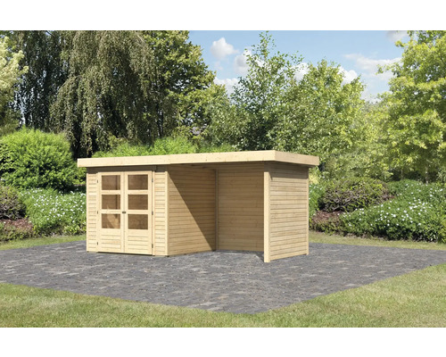 Holzgartenhaus mit Doppeltür und offenem Bereich im Garten