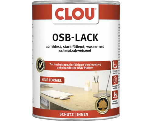 CLOU OSB-Lack zur Versiegelung von OSB-Platten im Innenbereich, abriebfest, wasserabweisend und für Kinderspielzeug geeignet.