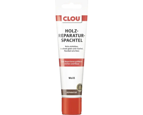 CLOU Holz-Reparatur-Spachtel weiß in einer Tube zum Ausbessern von Rissen und Löchern in Holz.