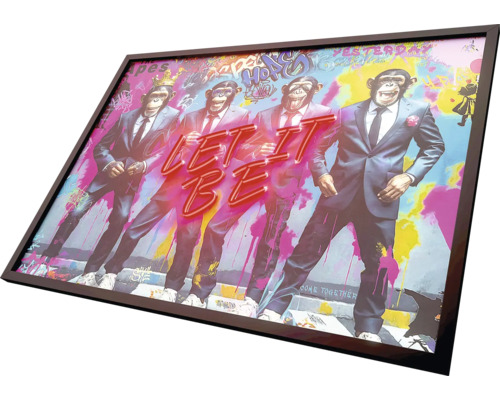 Gerahmtes Bild mit vier Affen in Anzügen und dem Schriftzug Let It Be