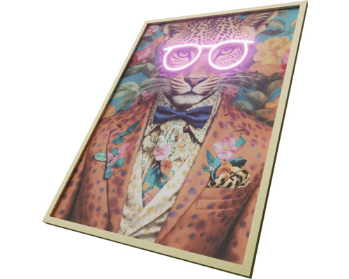 Gerahmtes Bild eines Leoparden mit Brille, Fliege und Jackett