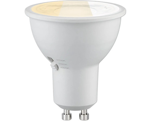 LED GU10 Reflektorlampe mit seitlichem Schalter zur Einstellung der Farbtemperatur zwischen 2700 Kelvin, 3000 Kelvin und 4000 Kelvin.