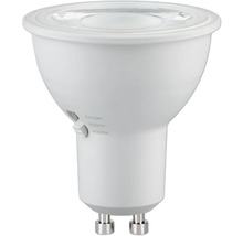 Weiße LED-Reflektorlampe GU10 mit seitlichem Schalter zur Auswahl der Farbtemperatur zwischen 2700, 3000 und 4000 Kelvin.
